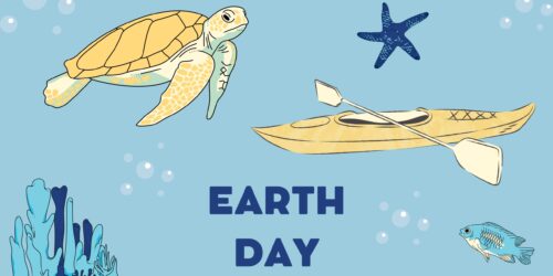 Earth day poster featuring sea turtle, sea star and a yellow kayak underwater